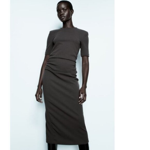 Zara Slate Brown Ruched Waist Short Sleeves Midi Dress, NWT, M - Picture 5 of 16